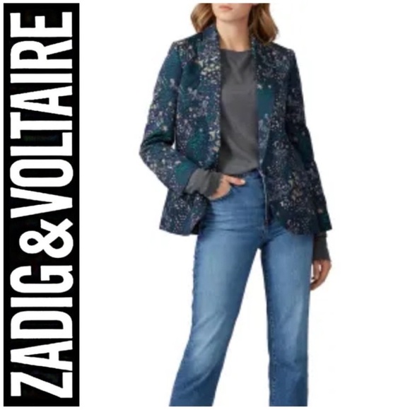 ZADIG and VOLTAIRE Viking Jacquard Glam Blazer Jacket Single Button Green Blue - Picture 1 of 16